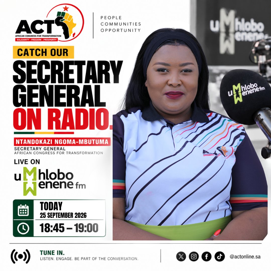ACTOnlineSA's tweet photo. Catch ACT Secretary General, Ntandokazi Ngoma-Mbutuma, live on Umhlobo Wenene fm this evening from 18:45 - 19:00 as she talks all things Manifesto launch! Listen, engage, be part of the conversation
#VoteACT #LGE2026 https://t.co/dToHhrR6Pv