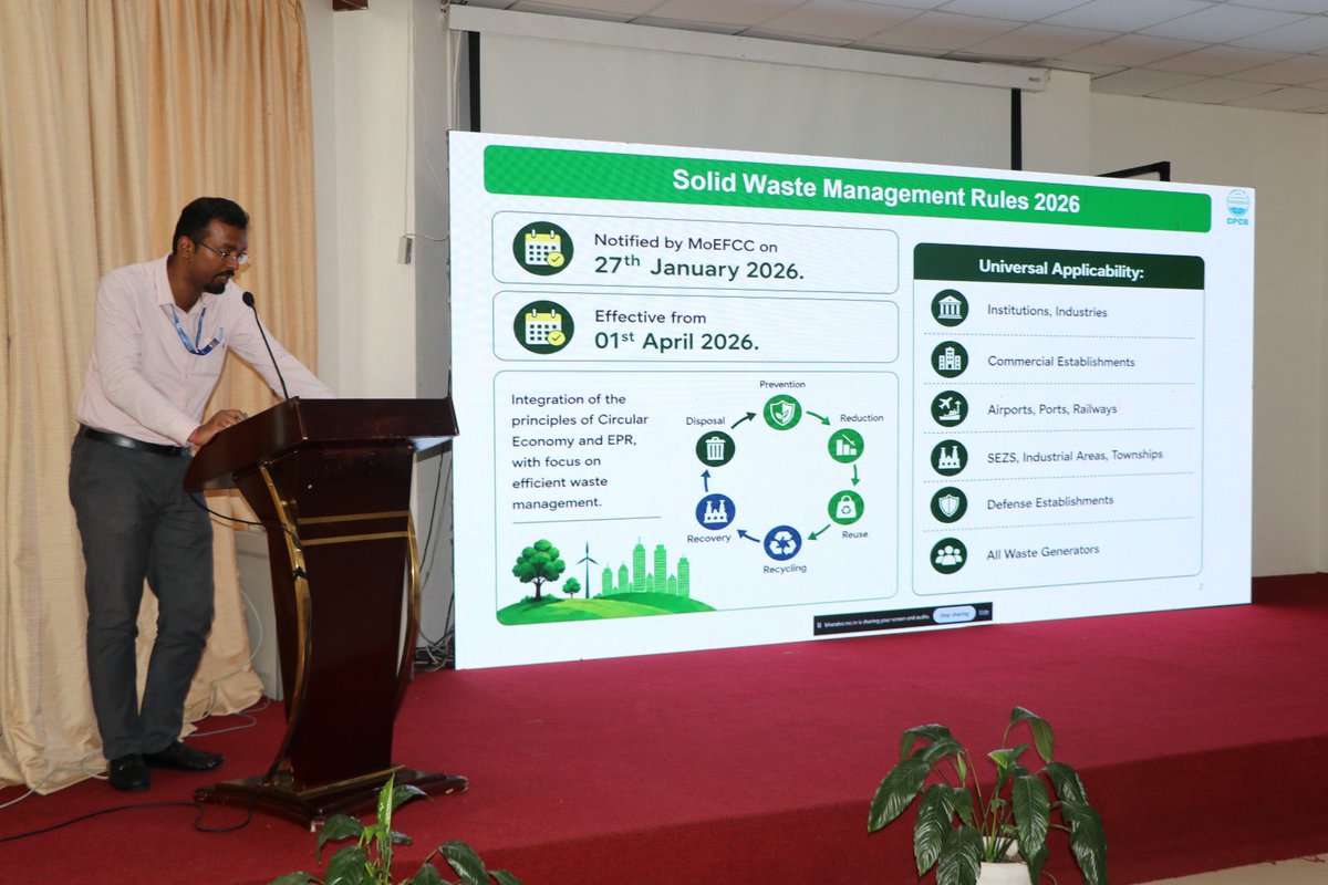 PIBShillong's tweet photo. ♻️ ♻️ CPCB at Shillong Vartalap: Er. Arnab Mandal, Scientist C, highlighted key provisions of the Solid Waste Management Rules, 2026, covering source segregation, scientific processing, monitoring and compliance.
#CPCB #SolidWasteManagement #SwachhataHiSeva2026 https://t.co/LIR6cMxV6g