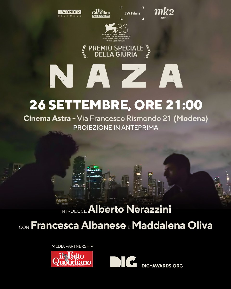 fattoquotidiano's tweet photo. 📣 Proiezione speciale in anteprima di #Naza, il discusso film israeliano degli autori già Premio Oscar per "No Other Land", Yuval Abraham e Rachel Szor.

Sabato 26 settembre alle 21 al Cinema Astra di Modena, nell'ambito della XII edizione del DIG Festival, una serata-evento introdotta dal giornalista investigativo Alberto Nerazzini con la relatrice speciale Onu per i territori palestinesi occupati dal 1967 @FranceskAlbs  e la condirettrice del Fatto Quotidiano Maddalena Oliva.

⚠️ I biglietti sono sold out, ma per 10 abbonati al #FattoQuotidiano sarà ancora possibile partecipare scrivendo un'email a @f.cucino@ilfattoquotidiano.it