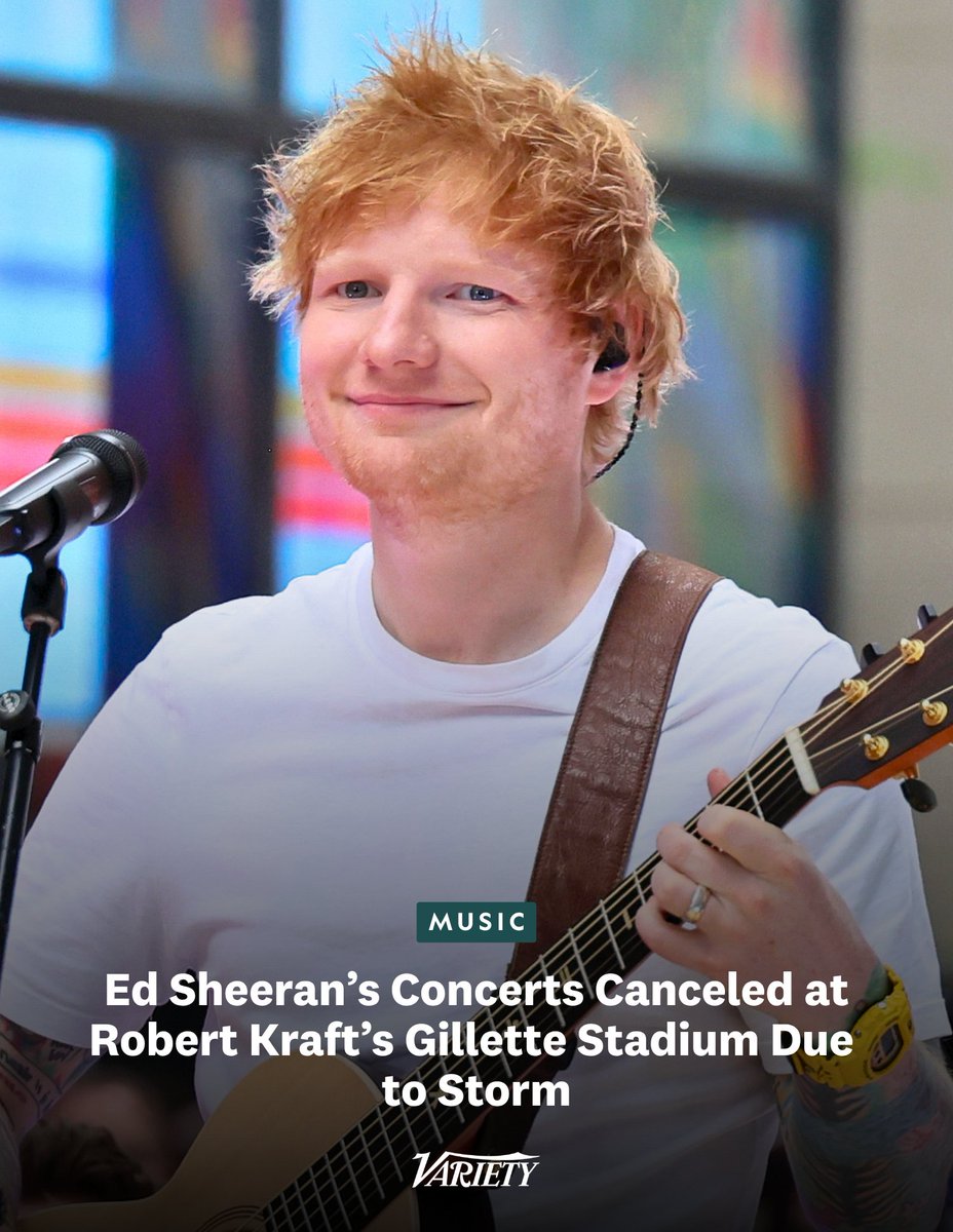 Variety's tweet photo. Ed Sheeran’s Sept. 25 and 26 shows at Gillette Stadium in Foxborough, Mass., have been canceled due to a nor’easter that’s set to hit the East Coast:

“Due to the severe weather warnings in place in Boston and across New England throughout the weekend and following consultation with local officials, we have made the difficult decision to cancel the Ed Sheeran concerts at Gillette Stadium,” tour promoter Messina Touring said in a statement. “The decision was made with the safety of fans, staff and everyone involved in the shows as the top priority.”

Gillette Stadium is owned by billionaire Robert Kraft, who former Sheeran opener Macklemore alleged pushed to get him kicked off the Loop Tour due to his “Free Palestine” messaging in concert.

https://t.co/II3TP2dg1b