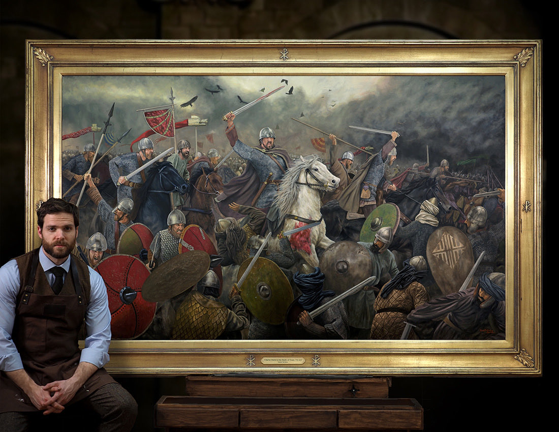 arts_of_war's tweet photo. "Charles Martel at the Battle of Tours, 732 A.D." 
Oil on canvas 

This moment defined the history of Western Civilization. In 732 A.D. the armies of Islam's Umayyad dynasty controlled all of North Africa and had conquered Christian Spain. Their armies invaded southern France next, threatening to overwhelm all of Western Europe. Charles Martel was the Mayor of the Palace for the Frankish kings. He was a seasoned warrior and battlefield commander. In response to the Islamic invasion, he marshalled an army of experienced Frankish infantry & cavalry and intercepted the Muslim forces near Poitiers. The Battle of Tours (Poitiers) was decisive. The Franks withstood repeated Umayyad cavalry charges and then broke through in their own counterattack devastating the enemy and halting the Islamic incursion into Europe. Not since 480 B.C. had Western Civilization been in such peril. This painting captures that great victory. It took 10 months to complete.