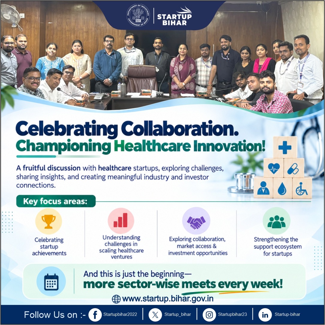 startup_bihar's tweet photo. Healthcare Sector Startup Meet | Startup Bihar
Startup Bihar hosted a focused interaction with Healthcare &amp; MedTech startups, discussing growth, scaling, market access, collaboration and investment opportunities. https://t.co/4Fz6a4mVw8