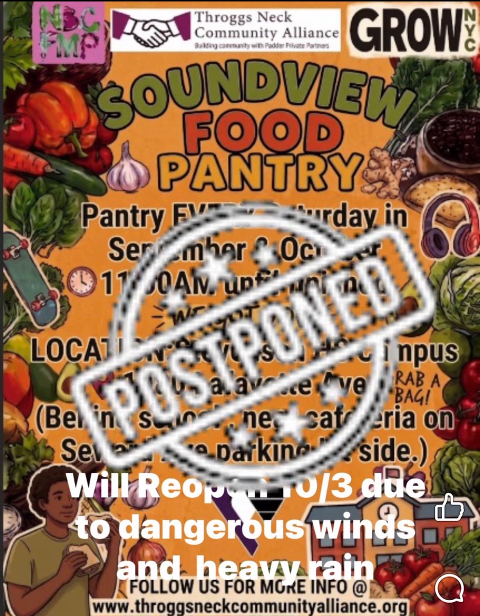 D8Connect's tweet photo. 🚨 ACTUALIZACIÓN: La Despensa de Alimentos de Soundview, programada para mañana, sábado 26 de septiembre, ha sido pospuesta debido al mal tiempo. 🌧️¡Por favor, manténganse seguros! Gracias por su comprensión y por compartir esta información con nuestra comunidad. 💙#Soundview https://t.co/8ieLtYwIKt