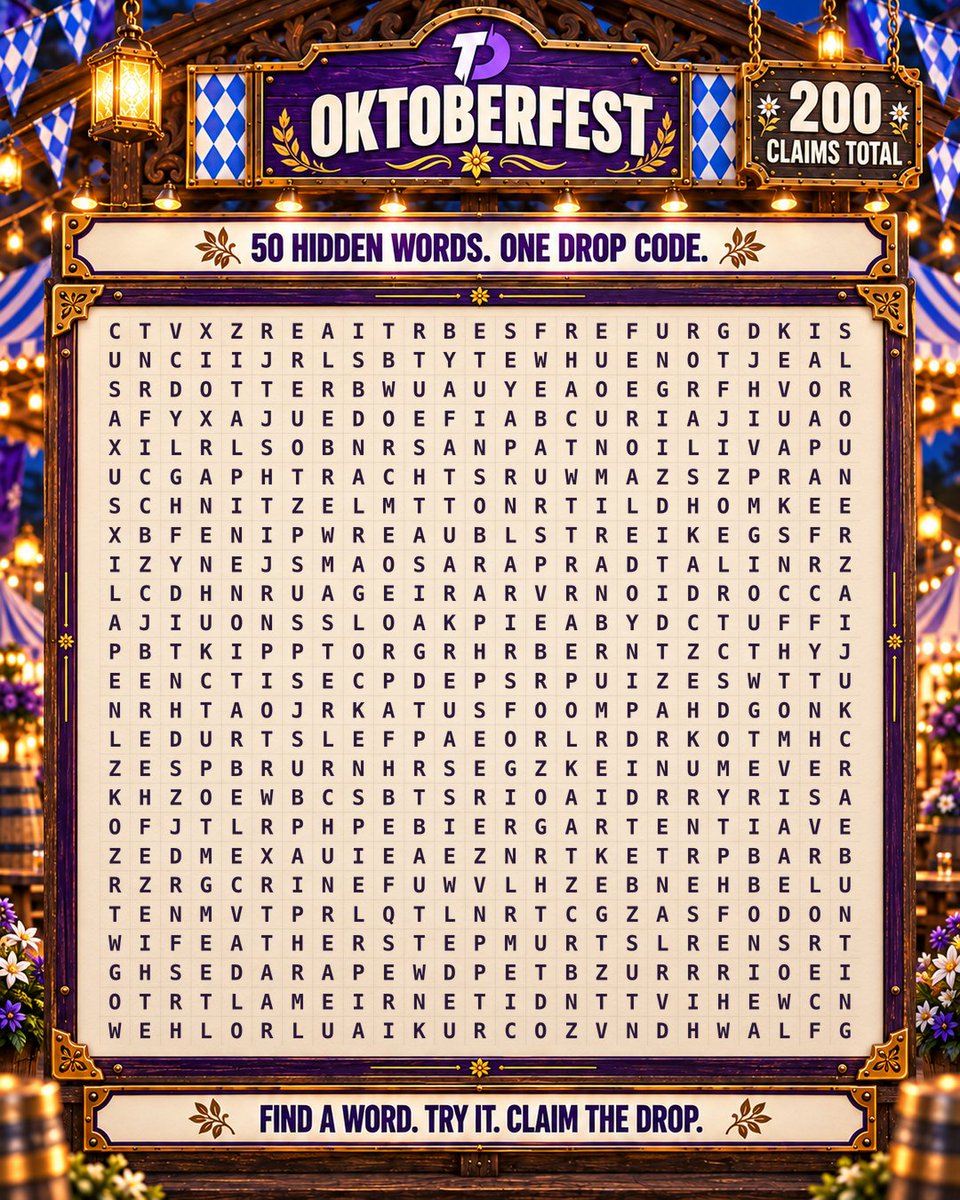 TrustDice's tweet photo. 50 WORDS. ONE CODE. 200 CLAIMS. GO 🥨🔥
🔗 https://t.co/lnwnK7h54y

Dave hid the Oktoberfest DROP 👀🔎

Search ↔️ ↕️ ↗️ backwards too!
Find it. Try it. Claim it ⚡

🚨 KEEP THE CODE TO YOURSELF 🤐
No spoilers or circled answers 🙅

Claimed? Drop 🥨 and take your victory lap 🏆 https://t.co/liPlnhuROE