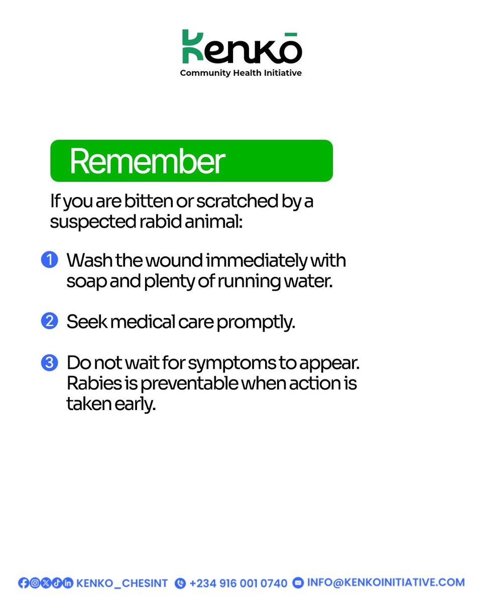 KenkoChesint's tweet photo. 5/
❌ MYTH: Small scratch no serious
✅ FACT: Any bite, scratch or saliva contact from a suspected animal need immediate attention 🩹 Wash with soap and water, then go clinic sharp sharp 🏥

6/
❌ MYTH: Rabies vaccine dey painful, with injections for the stomach
✅ FACT: Modern vaccines dey given for the arm, just like other vaccines 💉 Small pain, big protection 💪

7/
Your health, your responsibility 🙏 If any animal bite you or your pet, no manage am for house. Go health facility immediately 🚑

#kenkoinitiative #Kenkochesint #RabiesAwareness #WorldRabiesDay.