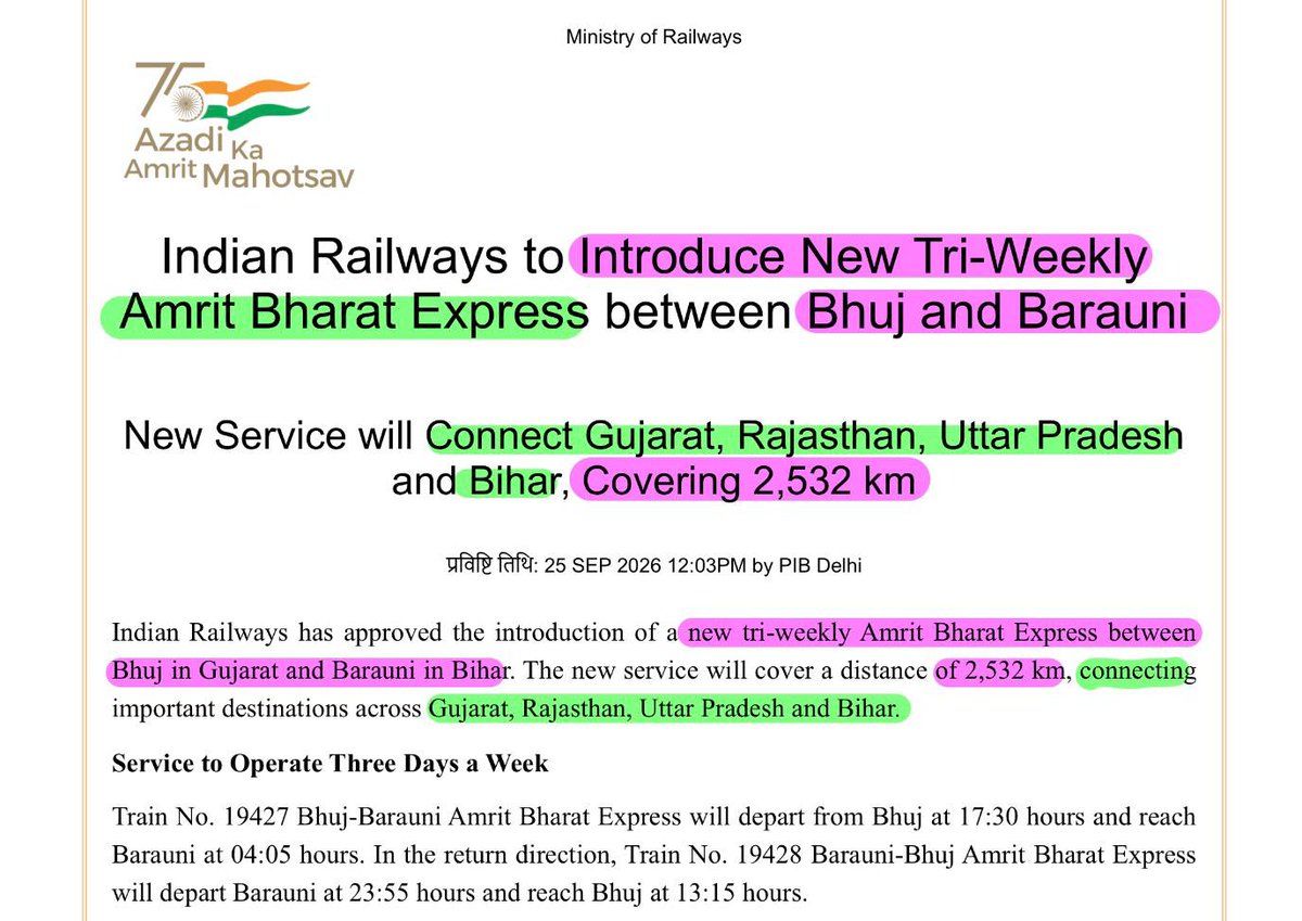 shubham31962's tweet photo. Indian Railways has approved a new tri-weekly Bhuj-Barauni Amrit Bharat Express #RailConnectivity #AmritBharat #RailInfra #UPSC #PIB #UPSC2027 #BPSC72 #BPSC #UPPCS For More, Join the Channel https://t.co/P31uUI5l6a https://t.co/TjiSL9epDd