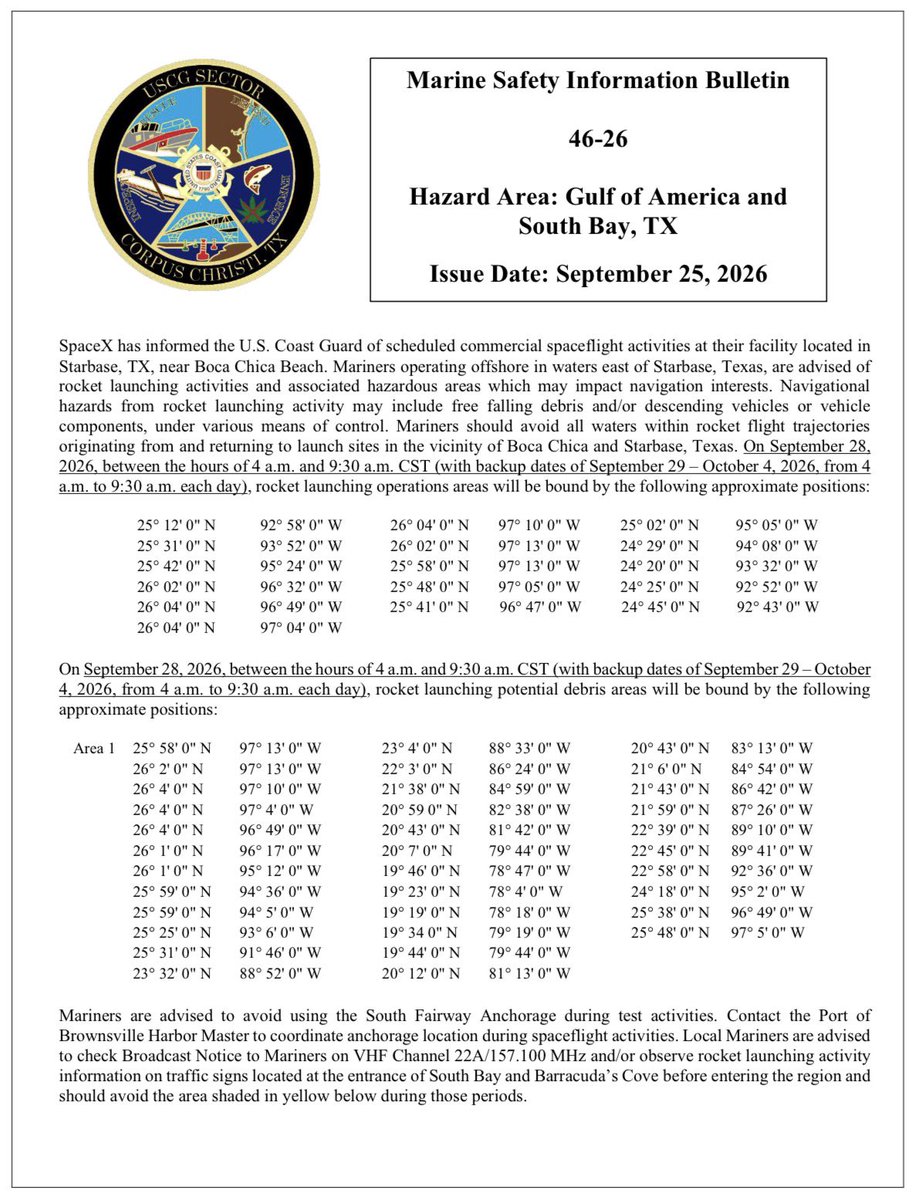 VisitBocaChica's tweet photo. New Marine Safety Information Bulletin (MSIB)/ Notice to Mariners (NOTMAR) issued for possible #Starship #Flight13 launch on 28 Sep 2026 from 4:00 a.m.-9:30 a.m.  https://t.co/Cj017qE0sg 🚀  #BocaChica #Starbase #MSIB #HazardArea #SafetyZone https://t.co/Cj2Gg5ycCq