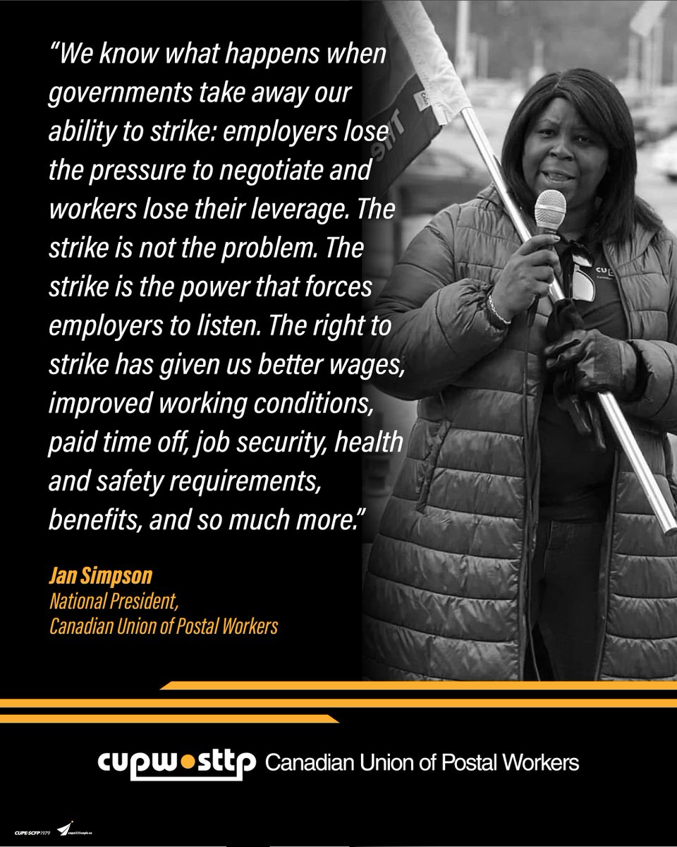 cupw's tweet photo. We cannot let the Carney-governments weaken worker power. When they attack the right to strike, they attack every worker’s ability to fight for a better future. CUPW will not stand by while our rights are gutted. We stand with workers and we will fight back. #CanLab #BillC39 https://t.co/gvZ8Z1JRuF
