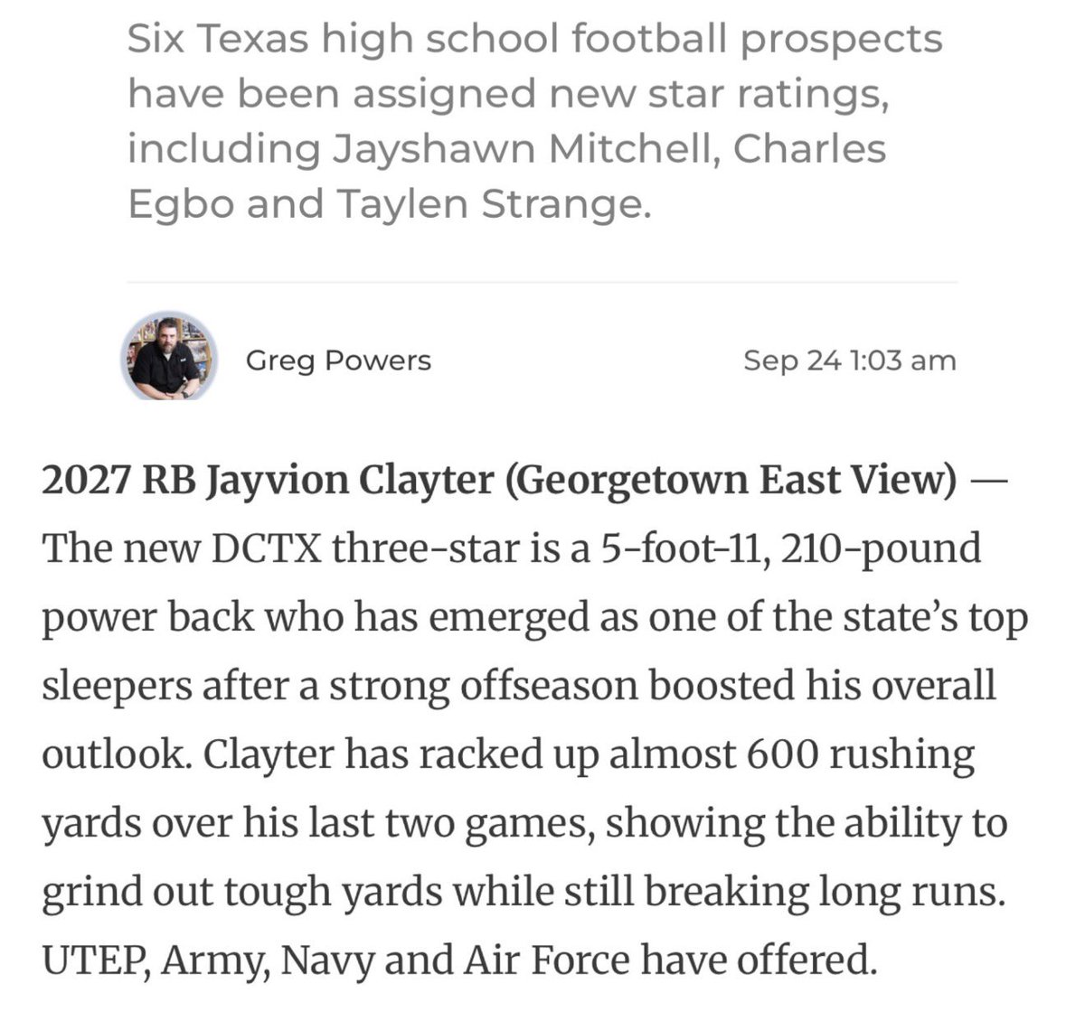 jayvion_clayter's tweet photo. DCTF  3-StaR ⭐️ ⭐️⭐️

Appreciate @dctf and @GPowersScout for the write up & the recognition. The work been showing, but I’m nowhere close to finished. #AGTG #TXHSFB  

2027 RB | Georgetown East View HS 

UNCOMMITTED 

@EastviewHFC @CoachDeeHaskins @CoachDPearce @burrch23 @Andrew_Ivins @Perroni247 @coachEnriquectx @dctf @samspiegs @adamgorney @BlairAngulo @gabrieldbrooks @RespectxSports @JScruggsOTF @TFloss32  @GPowersScout @CoachTroop3 @GregBiggins @SWiltfong_ @TomLuginbill @GHamiltonOTF  @notalkgng @ChadSimmons_ @Hayesfawcett3 @BrandonHuffman @TomLoy247 @MikeRoach247 @Chipbrown247 @JgonzalesJr10 @CJVogel_OTF @WillTurboff @JohnGarcia_Jr  @CKennedy247 @LemmingReport @SacrificeINC @BrianDohn247 @CoachCuddy @BenjaminGolan @CharlesPower @RecruitsCenTex
