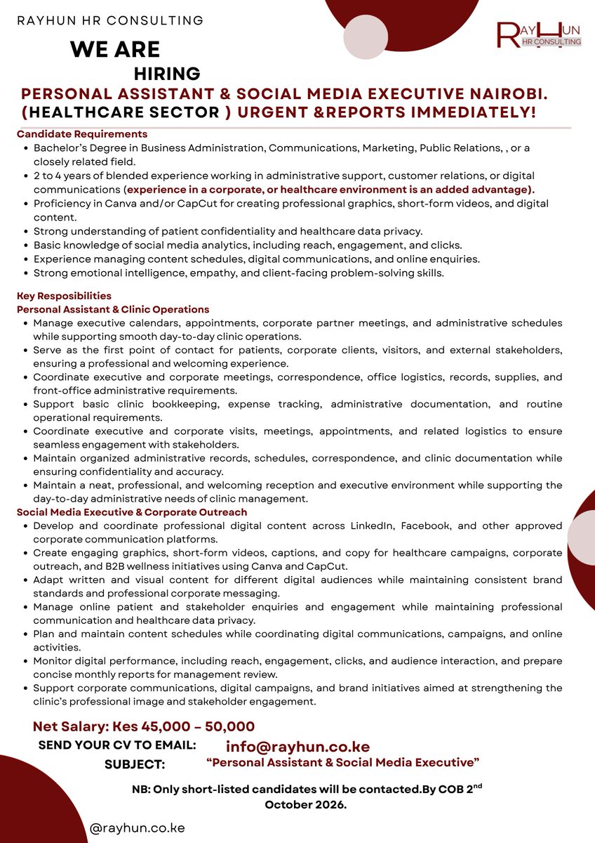 RayHunHR's tweet photo. WE ARE HIRING: Personal Assistant & Social Media Executive (Healthcare Sector)
Reports Immediately!
Only shortlisted candidates will be contacted.
#JobHiring #NairobiJobs #CareersKe #PersonalAssistant #SocialMediaExecutive #RayHunHR https://t.co/7MCH2s5xI5