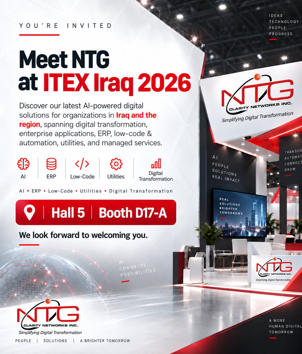 NTGGear's tweet photo. Join #NTGClarity at #ITEX Iraq 2026 and discover our latest AI-powered solutions in AI, ERP, Low-Code &amp; Automation, Utilities, Digital Transformation, and Managed Services.

📍 Hall 5 | Booth D17-A

We look forward to meeting you and exploring new opportunities for collaboration. https://t.co/8tWAj0Ru7I