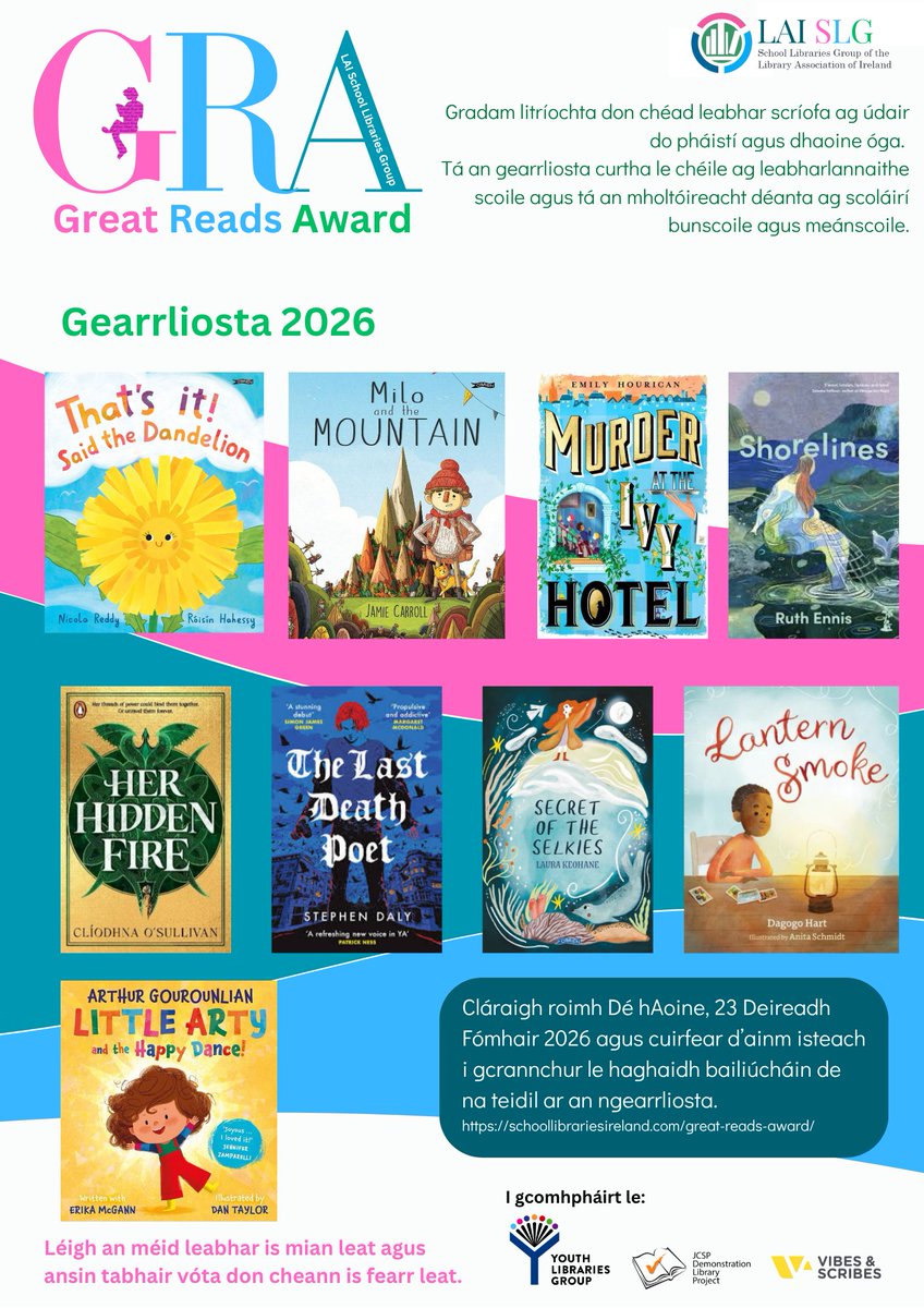SLG_LAI's tweet photo. We are delighted to announce this fabulous set of books as the finalists for the Great Reads Award 2026, an award for Irish debut children's books, selected by school librarians. Register by 16th Oct. (https://t.co/f7aGbsx9Eb) to be entered into a draw for a set of the books! https://t.co/iF5bPVajgu