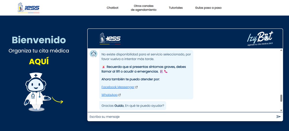 andresgaj's tweet photo. Estaba ilusionado porque había leído que ahora, el @IESSec, tiene un chatbot para agendar citas. Intenté  sacar una en medicina general hoy (25 de septiembre) consciente de que no me la darían de inmediato. 

Me preparé psicológicamente para que me digan que venga en uno, dos o tres meses. Pero como dicen popularmente: la felicidad del pobre dura poco. Me decepcioné con la tercera interacción. 

Y es que no sé si reír o llorar. El chatbot IzyBot (eso sí muy comedido y amable) me dice que no hay citas para ese servicio, pero que si estoy grave que llame al @ECU911_ 😳🤡🧐

Pagamos por un servicio al que no podemos acceder. 

Qué despecho da este sistema de salud, sinceramente. 

#IESS #IZYBOT #citamédica