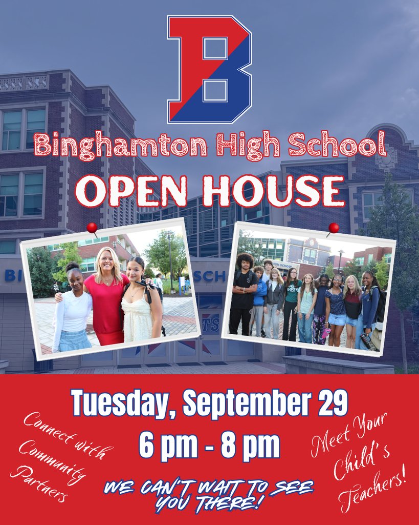 BinghamtonCSD's tweet photo. 🏫 | We can't wait to see all of our High School families on Tuesday, September 29 from 6 p.m. to 8 p.m. for our BHS Open House! Come to connect with different community partners and meet all of your child's teachers! #BPatriotProud https://t.co/hKAEh68z9T