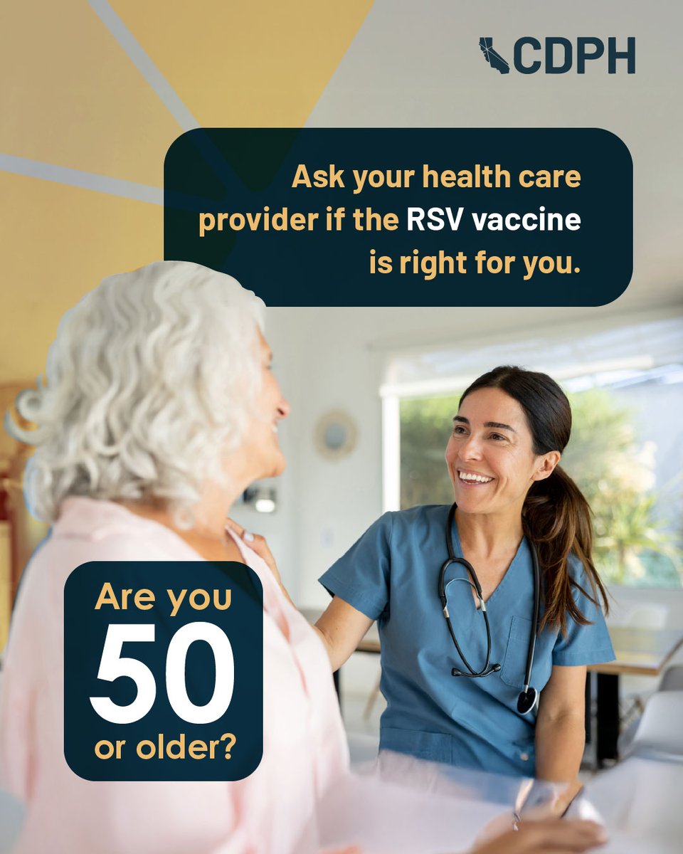 CAPublicHealth's tweet photo. The RSV vaccine is recommended for all adults ages 75 and older and adults ages 50-74 who have certain chronic health conditions or live in a nursing home. It’s OK to get the RSV vaccine at the same time as flu and COVID-19 vaccines.  https://t.co/02D0bFE6w8 https://t.co/AjLuwS2HtM