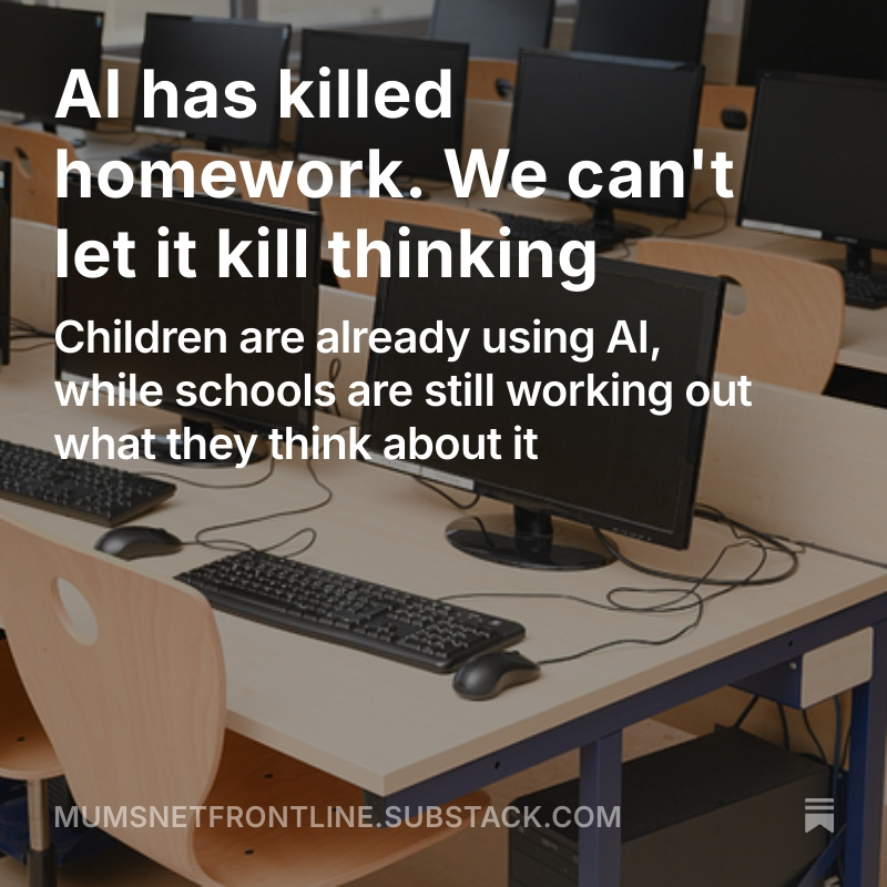Justine_Roberts's tweet photo. AI has already killed homework. We can’t let it kill thinking. Read my latest Substack here: https://t.co/BJsbyFAsme https://t.co/QwJPkJCTsG