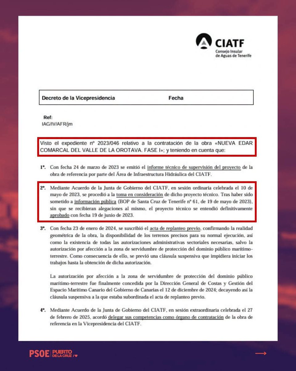 psoeportuense's tweet photo. 📢 FRENTE A LA CONFUSIÓN Y LAS MENTIRAS: HECHOS Y DOCUMENTOS OFICIALES 📄📌

Ante los intentos de manipular la realidad sobre la ampliación de la depuradora (Nueva EDAR Comarcal del Valle de La Orotava - Fase I), desde el PSOE de Puerto de la Cruz dejamos las cosas claras. La gestión pública se demuestra con documentos oficiales y hechos.

Durante el mandato socialista, con Marco González en la Alcaldía y Pedro Martín en la Presidencia del Cabildo de Tenerife, se completaron todos los trámites administrativos, técnicos y presupuestarios necesarios para ampliar la depuradora.

Aquí está la cronología oficial que lo demuestra paso a paso:

📅 1. OCTUBRE DE 2022 | Proyecto Técnico redactado Se finalizó la redacción del proyecto técnico de la Nueva EDAR Comarcal del Valle de La Orotava. Fase I (Expediente 2021/101) por parte del equipo de ingeniería bajo el Consejo Insular de Aguas de Tenerife (CIATF).

📅 2. 24 DE MARZO DE 2023 | Supervisión técnica favorable El Área de Infraestructura Hidráulica del CIATF emitió el informe técnico favorable de supervisión del proyecto.

📅 3. 10 Y 19 DE MAYO DE 2023 | Aprobación inicial y exposición pública en el BOP La Junta de Gobierno del CIATF acordó la toma en consideración del proyecto el 10 de mayo de 2023. El 19 de mayo de 2023 se publicó en el Boletín Oficial de la Provincia (BOP nº 61), con un presupuesto base de licitación de 20.881.379,57 €.

📅 4. 19 DE JUNIO DE 2023 | Aprobación definitiva y financiación asegurada Transcurrido el plazo de exposición pública sin alegaciones, el proyecto quedó definitivamente aprobado y financiado con más de 20,8 millones de euros el 19 de junio de 2023, justo antes de la llegada del gobierno de Rosa Dávila y Lope Afonso al Cabildo.

💡 En resumen: El gobierno del PSOE dejó el proyecto redactado, supervisado, publicado en el boletín oficial, aprobado definitivamente y con una financiación asignada de 20,88 millones de euros.

Que no te confundan: el trabajo riguroso y la financiación para la depuradora los dejó garantizados el PSOE. 🌹

#PuertoDeLaCruz #ValleDeLaOrotava #HechosNoPalabras  #GestionPublica #PSOEPuertoDeLaCruz

@PSOECanarias @PSOETenerife