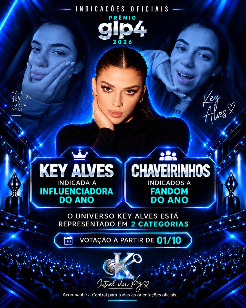 Central_Da_Key's tweet photo. ✨ INDICAÇÕES OFICIAIS | PRÊMIO GLP4 2026

Key Alves está indicada a Influenciadora do Ano e os Chaveirinhos concorrem a Fandom do Ano. 💙

O universo Key Alves está representado em 2 categorias.
Votação a partir de 01/10.

#KeyAlves #PremioGLP4 #Chaveirinhos https://t.co/jH6Es3rKq4