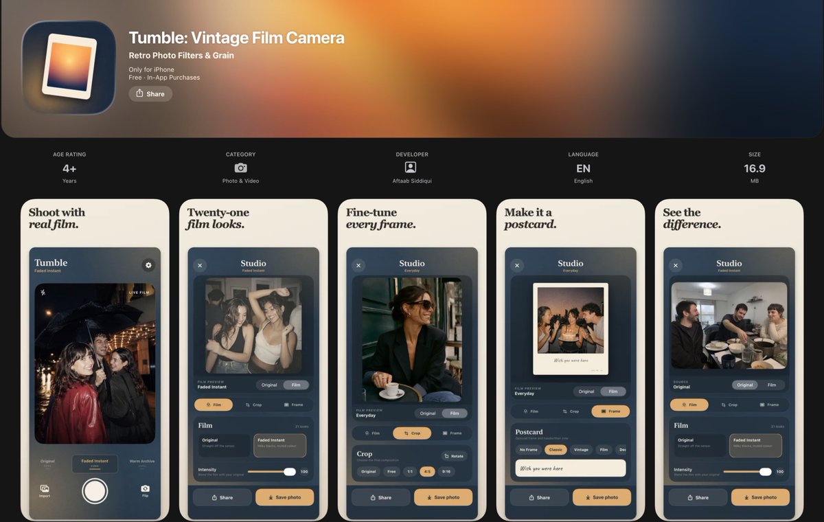 aftaab___'s tweet photo. Still working on Tumble.

Growth has been slow, but seeing people actually discover and download it makes me want to keep improving it.

If you’re into vintage film-style photos, give it a try:

https://t.co/rFwnrtjhvQ https://t.co/QPPjNVylKW