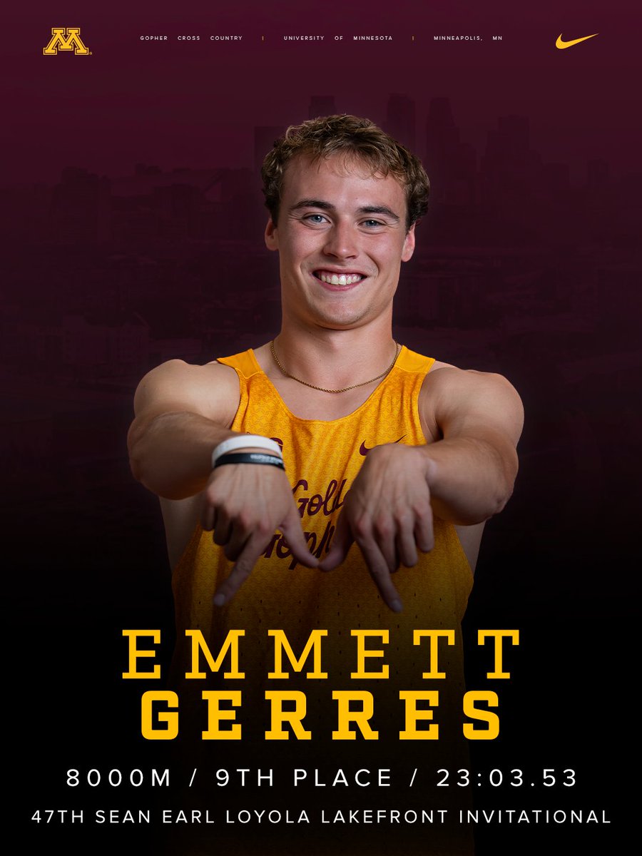 GopherCCTF's tweet photo. A record-breaking run from Gerres in Chicago! 〽️

Emmett Gerres clocked the fastest 8K in program history, besting @Alec_basten's 23:12.3 in 2021 by nearly 10 seconds

#ncaaXC | #SkiUMah https://t.co/mErqRdHSnR