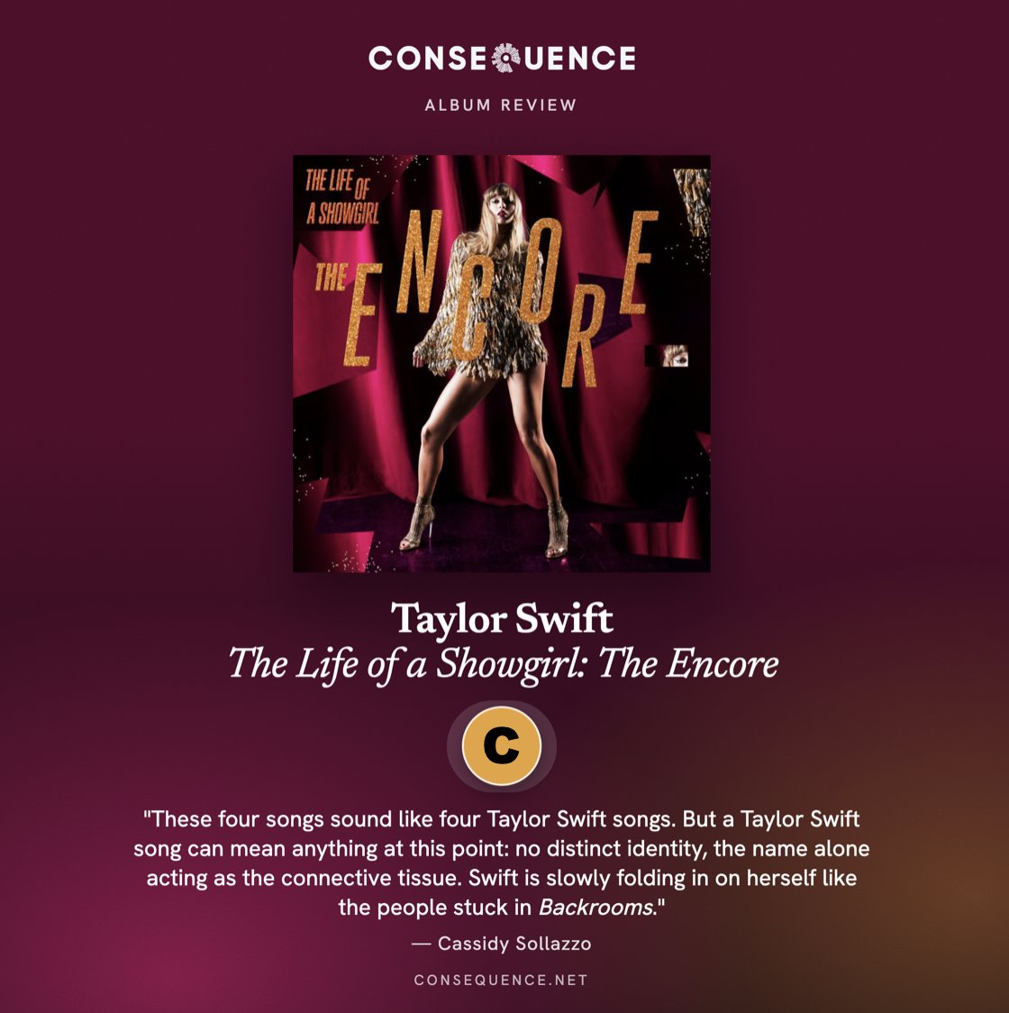consequence's tweet photo. The Life of a Showgirl: The Encore doubles down on a forgettable era. https://t.co/hmYKkzFEHz