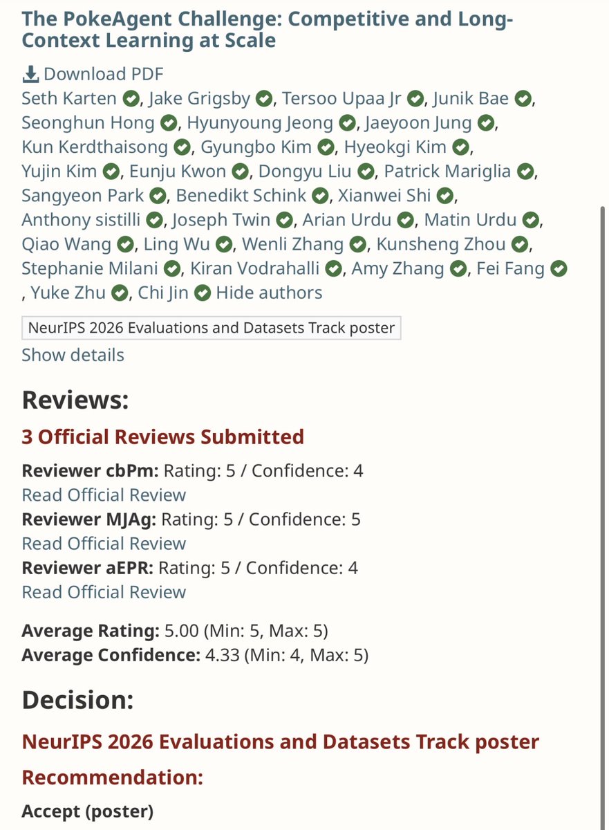 sethkarten's tweet photo. PokéAgent Challenge was accepted to NeurIPS 2026!

This has been a multi-year effort toward standardized Pokémon benchmarks for agents, starting with PokéChamp, our ICML 2025 Spotlight, then the NeurIPS 2025 competition, and now a much broader eval + dataset effort.

Huge thanks to everyone who contributed to the retrospective :)