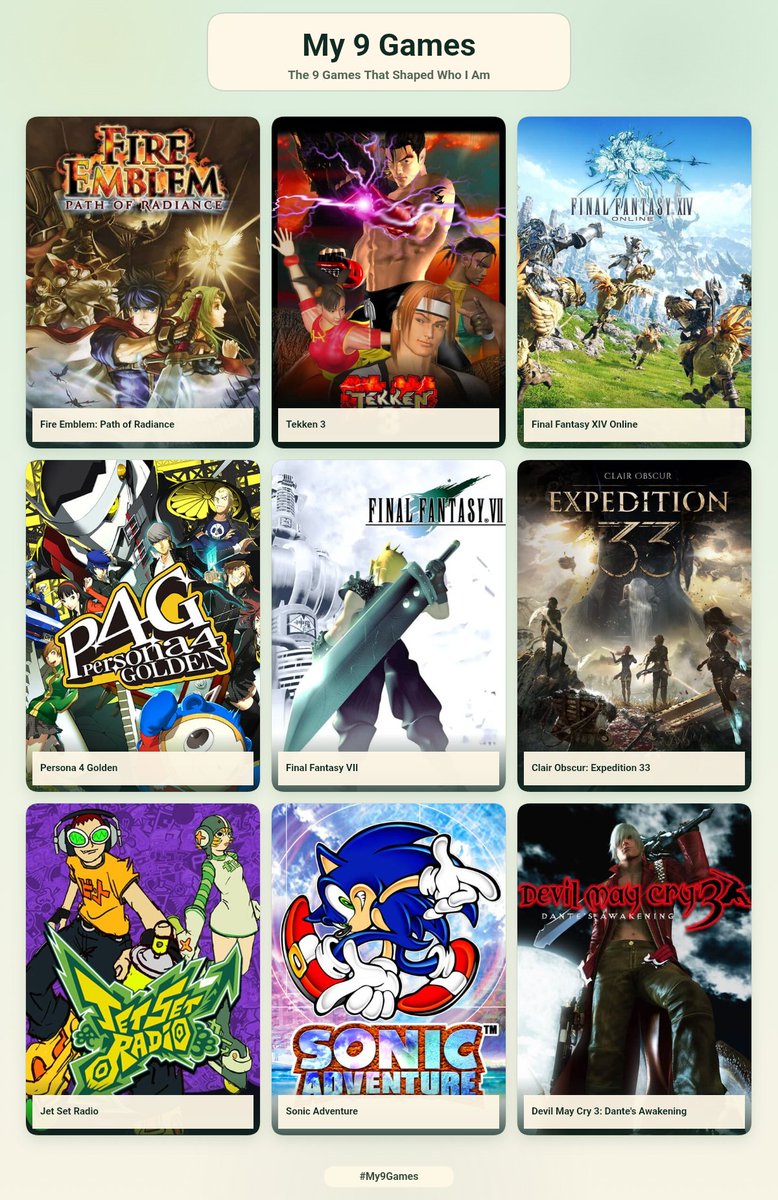 I_Radiant_I's tweet photo. Saw everyone else doing this and figured I'd join in. Here's #My9Games that shaped who I am today. I wanted to also include Fire Emblem Awakening, but decided to keep it one game per series...ignore FFVII and FFXIV (Shadowbringers specifically) both being there. https://t.co/s36Azhpeyu