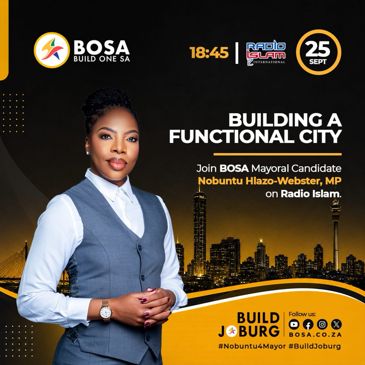 BuildOneSA's tweet photo. Catch BOSA Deputy leader, MP and Joburv Mayoral candidate Nobuntu Hlazo-Webster on Radio Islam as she discusses "Building a Functional City"!

#BuildJoburg #Nobuntu4Mayor https://t.co/TljxpMDAVs