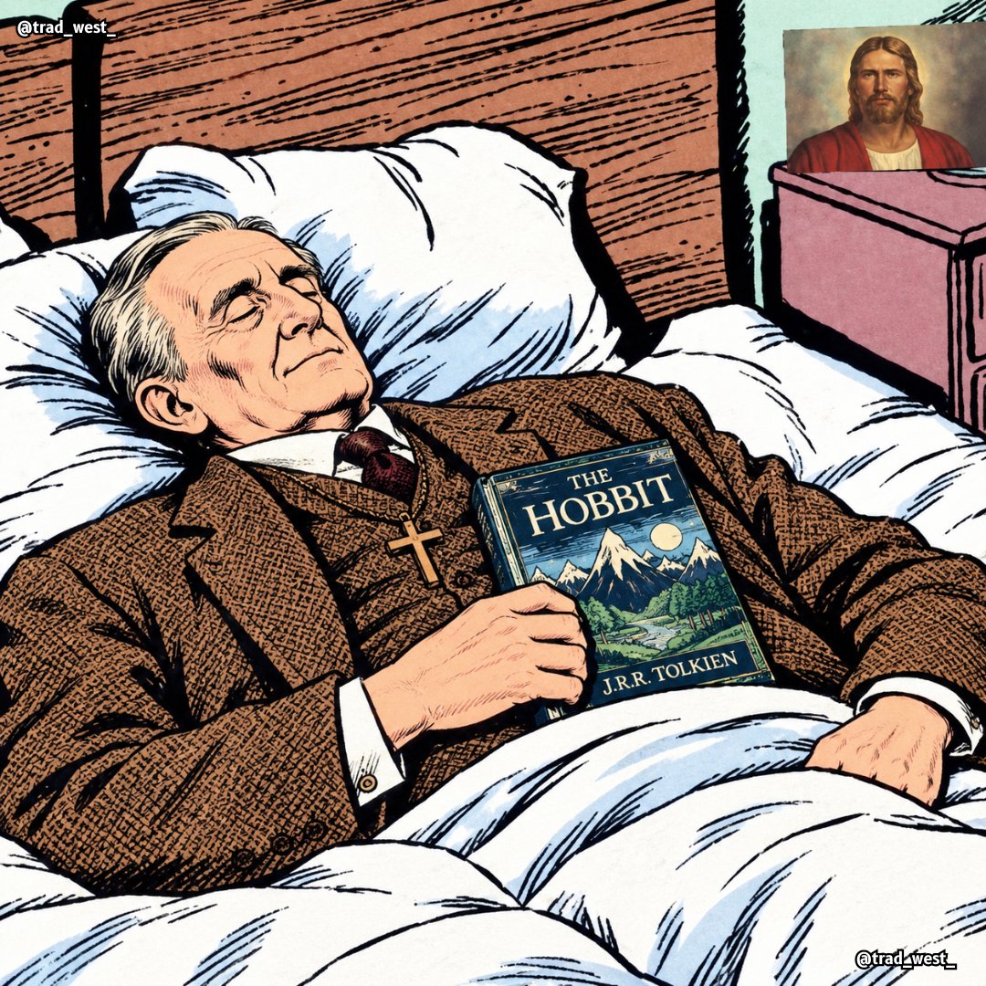 trad_west_'s tweet photo. How J.R.R Tolkien slept in 1937 after writting a best seller with only male characters https://t.co/hzSM52VlG6
