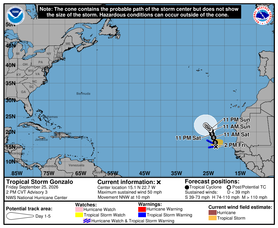 268Weather's tweet photo. #AL90 has been upgraded to #TropicalStorm_Gonzalo. Its forecast path takes it near the #CaboVerdeIslands; hence, a #TropicalStormWarning is in effect for those islands. The system poses no threat to the Caribbean. https://t.co/F6SJngECB7