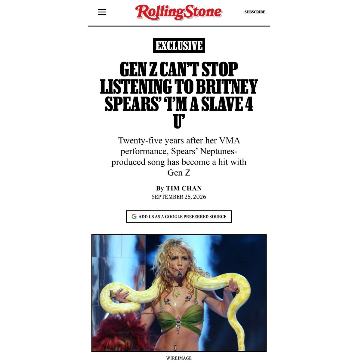 breatheonmiley's tweet photo. Spotify reveals to Rolling Stone that the majority of recent streams for Britney Spears come from Gen Z audiences:

“There have been over 40 million discoveries of her catalog on the streaming platform this year. Sixty percent have come from Gen Z listeners.

While millennials grew up with Spears, the majority of recent streams for I'm a Slave 4 U were from Gen Z listeners — those born between 1997 and 2012. More than 55% of global streams in the past month came from the cohort.”