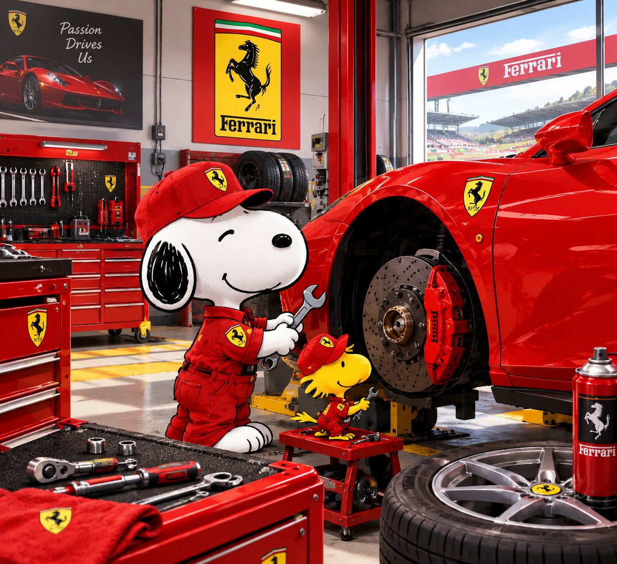 snoopylovers12's tweet photo. Snoopy &amp; Woodstock: Ferrari Garage Teamwork 🏎️🔧🐾

#Ferrari #Snoopy https://t.co/xHm2oR3Z2N