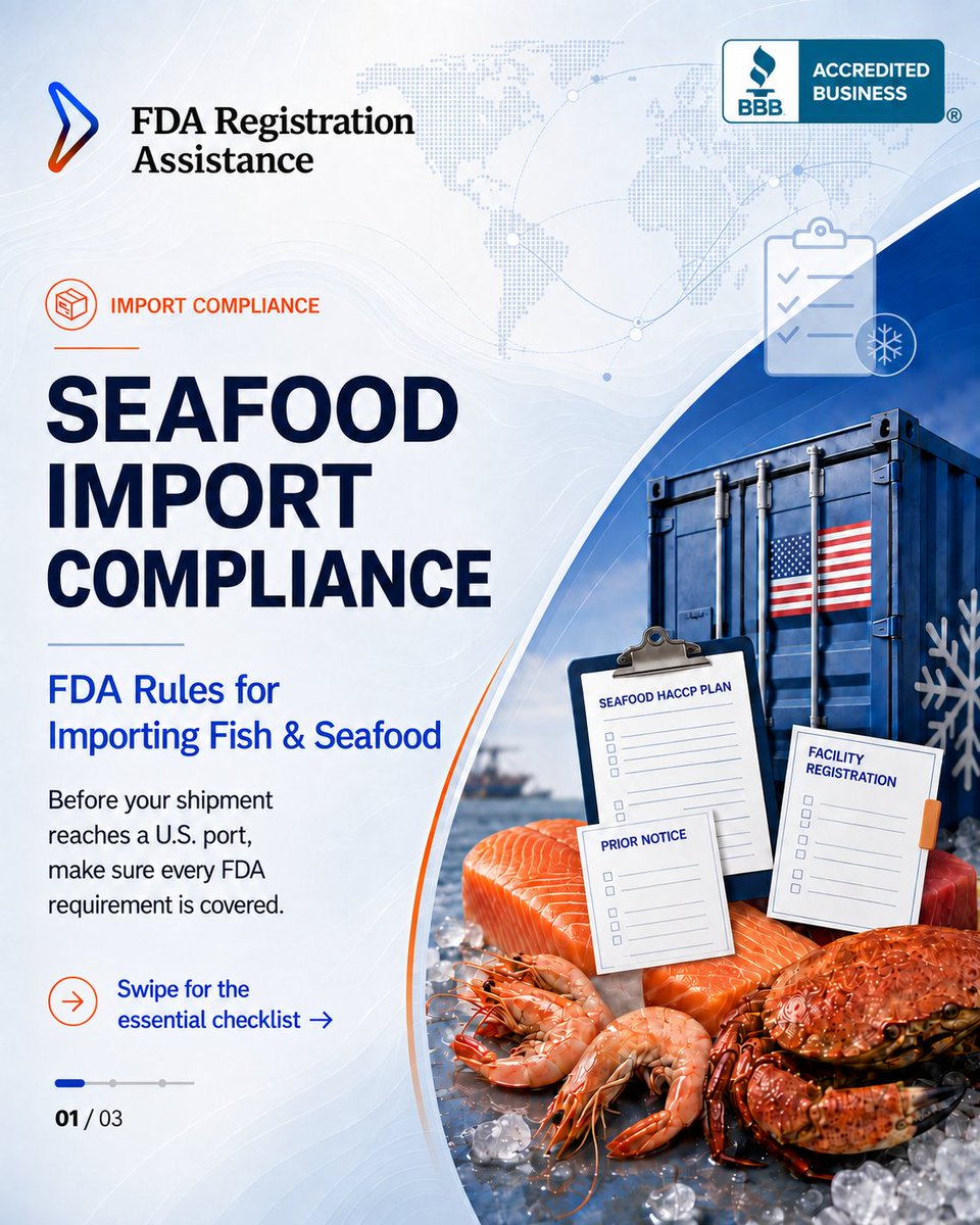 fda_assistance's tweet photo. 🐟 𝗦𝗵𝗶𝗽𝗽𝗶𝗻𝗴 𝘀𝗲𝗮𝗳𝗼𝗼𝗱 𝘁𝗼 𝘁𝗵𝗲 𝗨.𝗦.? Review FDA registration, Seafood HACCP, Prior Notice, labeling, FSVP where applicable &amp; Import Alert status before shipping.

📞 +1 928-275-8333
🌐 https://t.co/uMEApqcRNh
#FDACompliance #SeafoodImport https://t.co/3MIERedLbp