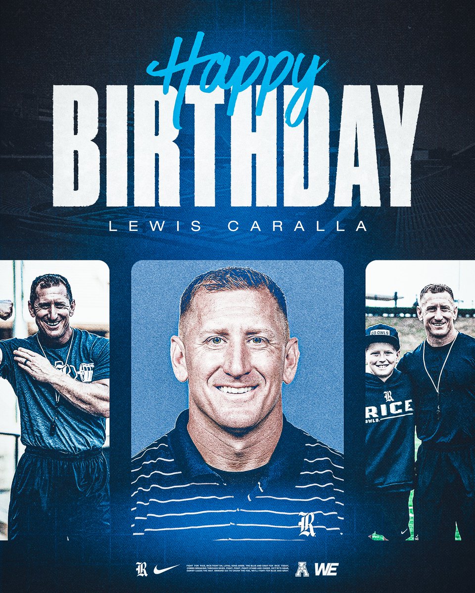 RiceFootball's tweet photo. Happy Birthday to our Strength &amp; Conditioning Coach, @LewisCaralla 🥳🎂

#WE | #ReptheR https://t.co/HjslufxhEi
