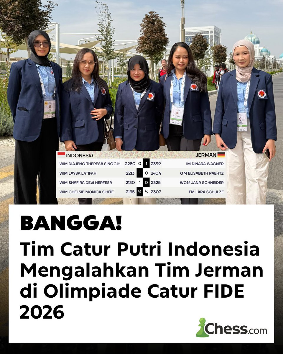 ChesscomID's tweet photo. Bangga! Tim Catur Putri Indonesia berhasil taklukkan tim unggulan Jerman di babak ke-9 Olimpiade Catur FIDE 2026 dengan skor 2.5-1.5! 🔥

Dengan hasil ini, tim Indonesia di kategori wanita mengamankan tambahan 2 match point.

Semoga sukses! 🇮🇩 https://t.co/nWaIUXGEDr