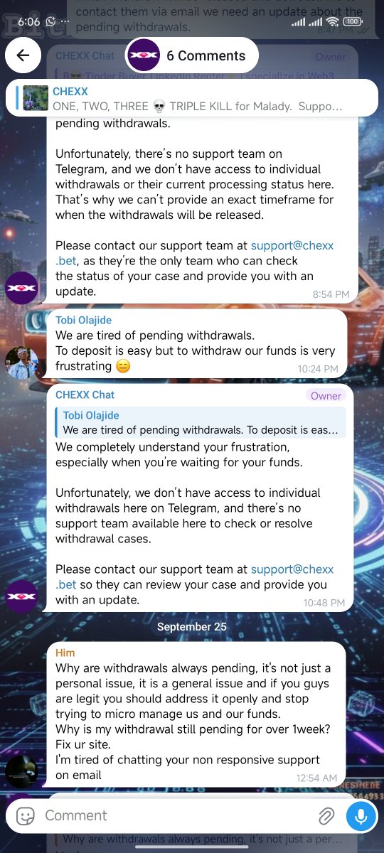Codavayt's tweet photo. @chexx_bet scam 2 weeks now holding users funds.
@CPFC @eslgaming help with the matter

U comment they blocked you

Please release our withdraws https://t.co/gHunRcAE3A