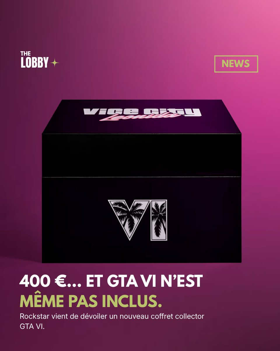 THELOBBYfr's tweet photo. 🚨 Rockstar vient de dévoiler un nouveau collector GTA VI à 399,99 €. 😳🐊

Figurine, Oakley, casquette New Era, sac Leonida Keys, poster de la map…

Mais GTA VI n’est pas inclus. 💀

400 € sans le jeu, vous craquez ? 👀🌴 https://t.co/tRf9F2nZcZ