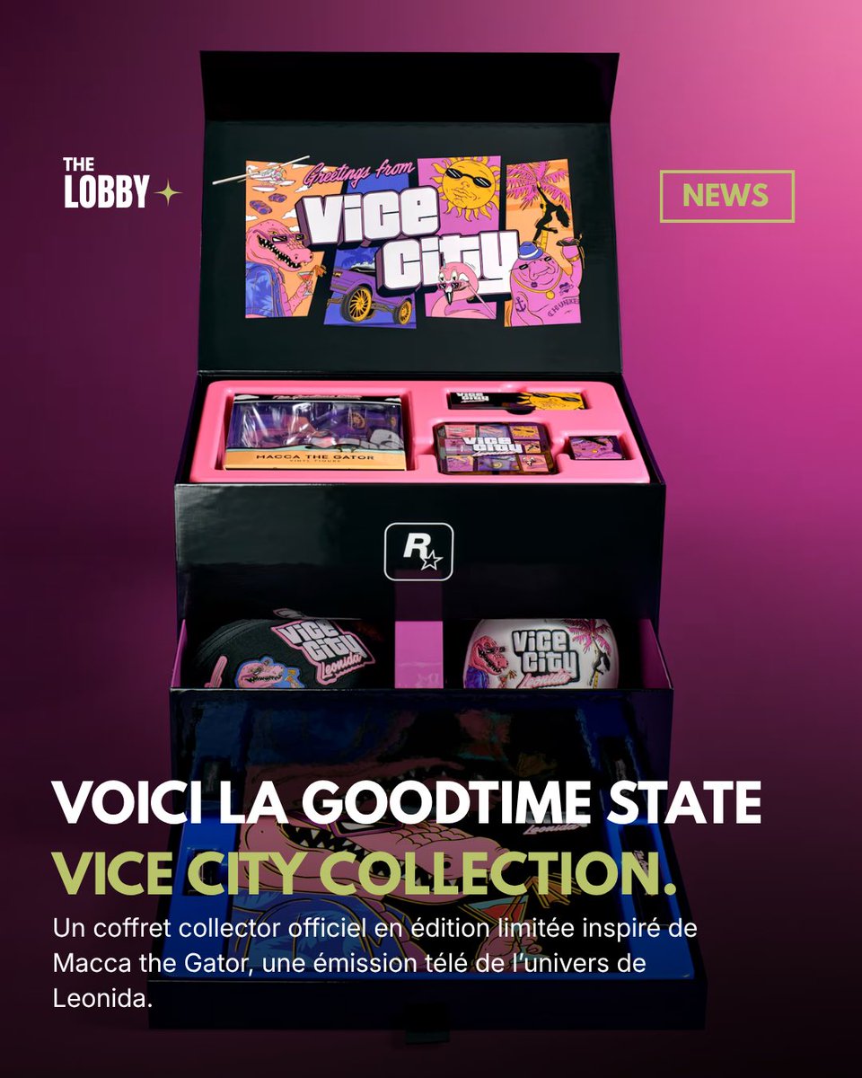 THELOBBYfr's tweet photo. 🚨 Rockstar vient de dévoiler un nouveau collector GTA VI à 399,99 €. 😳🐊

Figurine, Oakley, casquette New Era, sac Leonida Keys, poster de la map…

Mais GTA VI n’est pas inclus. 💀

400 € sans le jeu, vous craquez ? 👀🌴 https://t.co/tRf9F2nZcZ