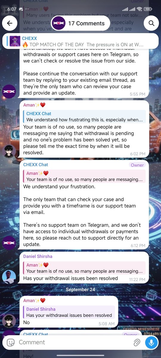 Codavayt's tweet photo. @chexx_bet scam 2 weeks now holding users funds.
@CPFC @eslgaming help with the matter

U comment they blocked you

Please release our withdraws https://t.co/gHunRcAE3A