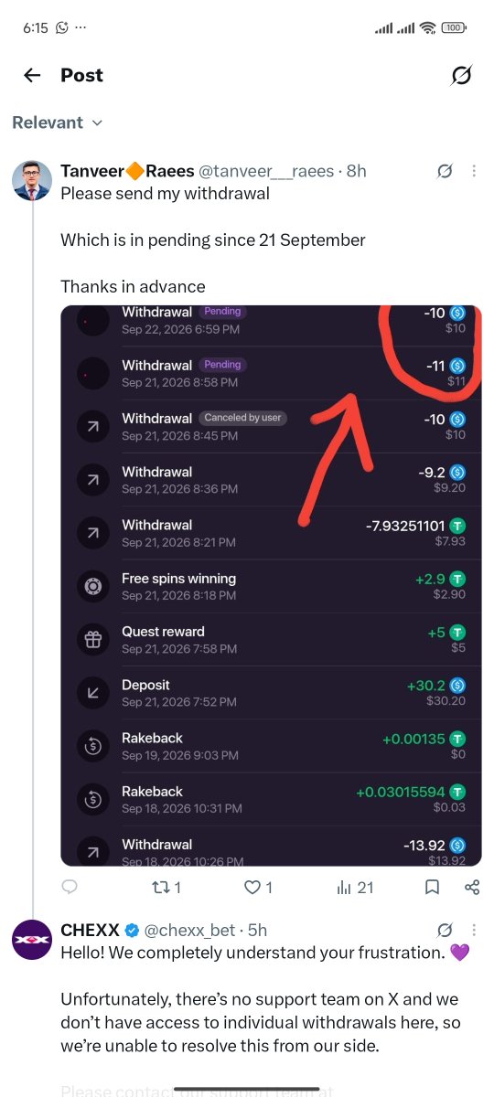 Codavayt's tweet photo. @chexx_bet scam 2 weeks now holding users funds.
@CPFC @eslgaming help with the matter

U comment they blocked you

Please release our withdraws https://t.co/gHunRcAE3A