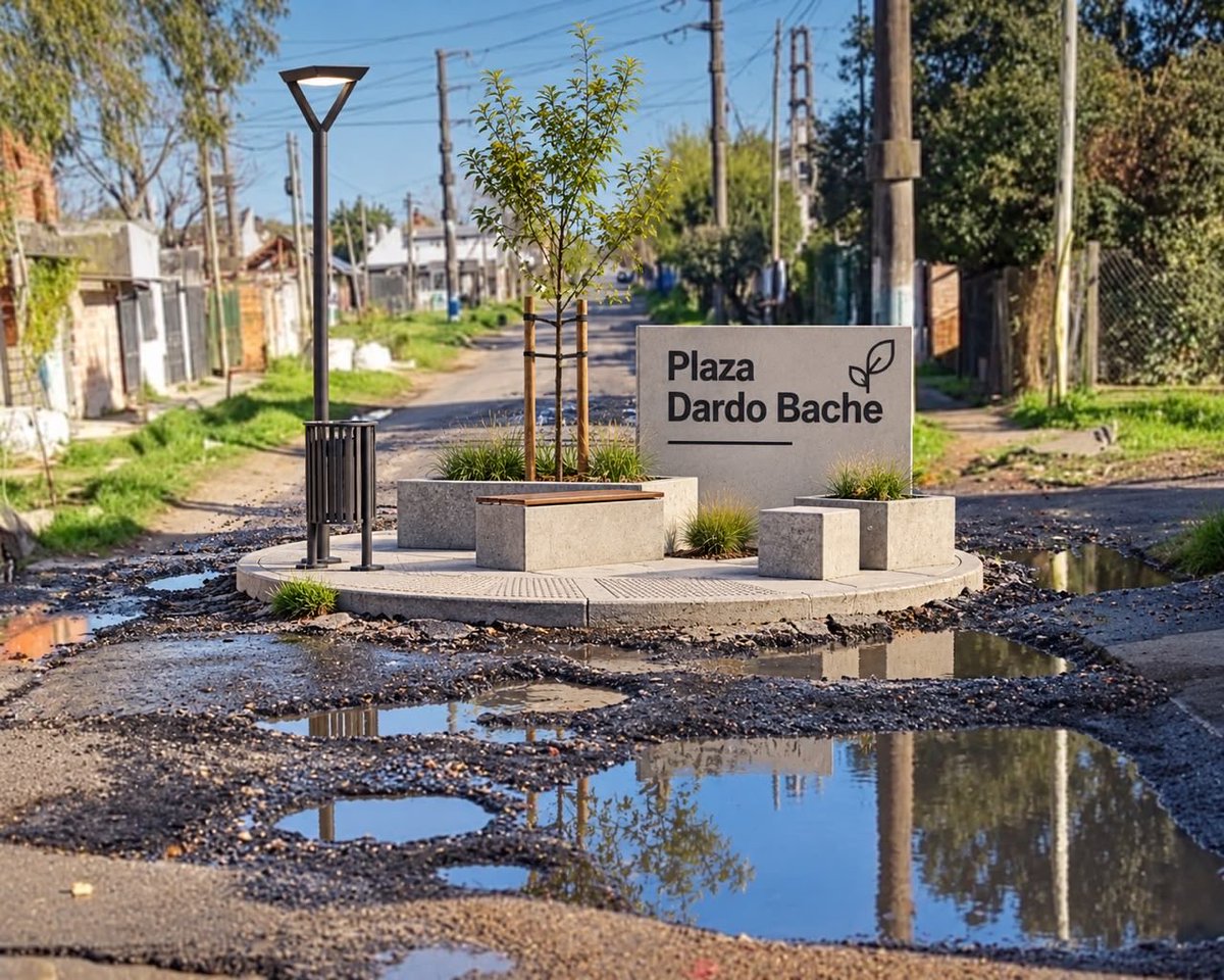 JuanesOsaba's tweet photo. La respuesta de Alak para cualquier problema es una plaza. 
Cuando La Plata tenga un intendente libertario vamos a poder orientar bien los recursos y las obras van a llegar a los barrios. Los micros van a volver a pasar, las ambulancias van a poder entrar y los vecinos vamos a vivir mejor.