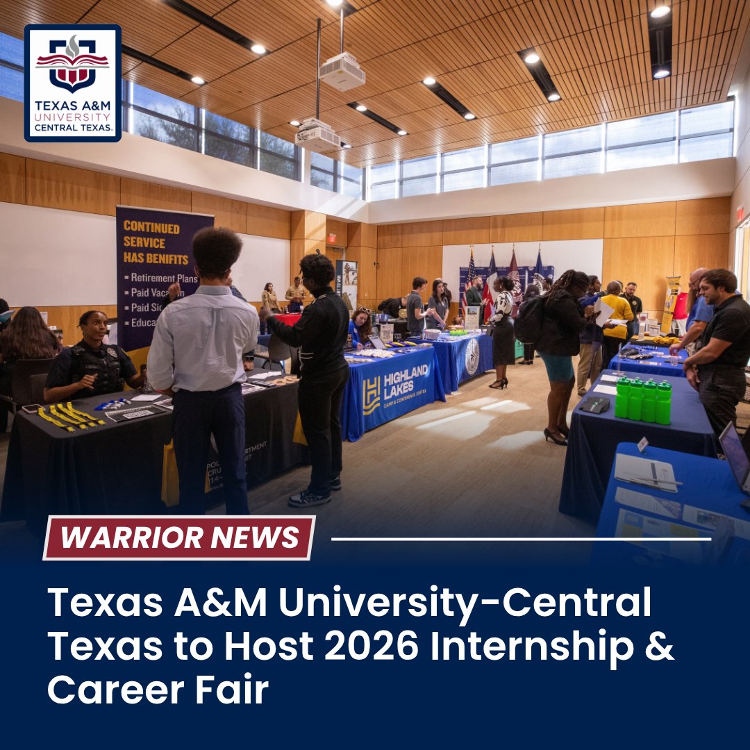 TAMUCT's tweet photo. Ready for your next career opportunity? 💼

Join Texas A&amp;M University–Central Texas for the Fall 2026 Internship &amp; Career Fair on Oct. 6 from 10 a.m. to 2 p.m. in Warrior Hall.

Read more: https://t.co/ovhuY8CiZW

#TAMUCT #CareerFair https://t.co/a54gNF3JQd