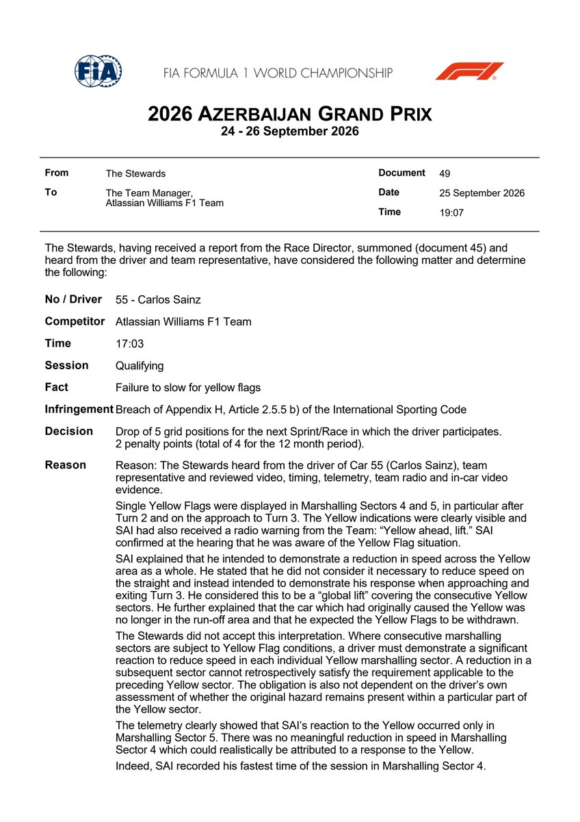 fia's tweet photo. DOC 49 - Infringement - Car 55 - Failure to slow for yellow flags https://t.co/nVLPv627jK #AzerbaijanGP #F1 #FIA https://t.co/HrNWt7tS33