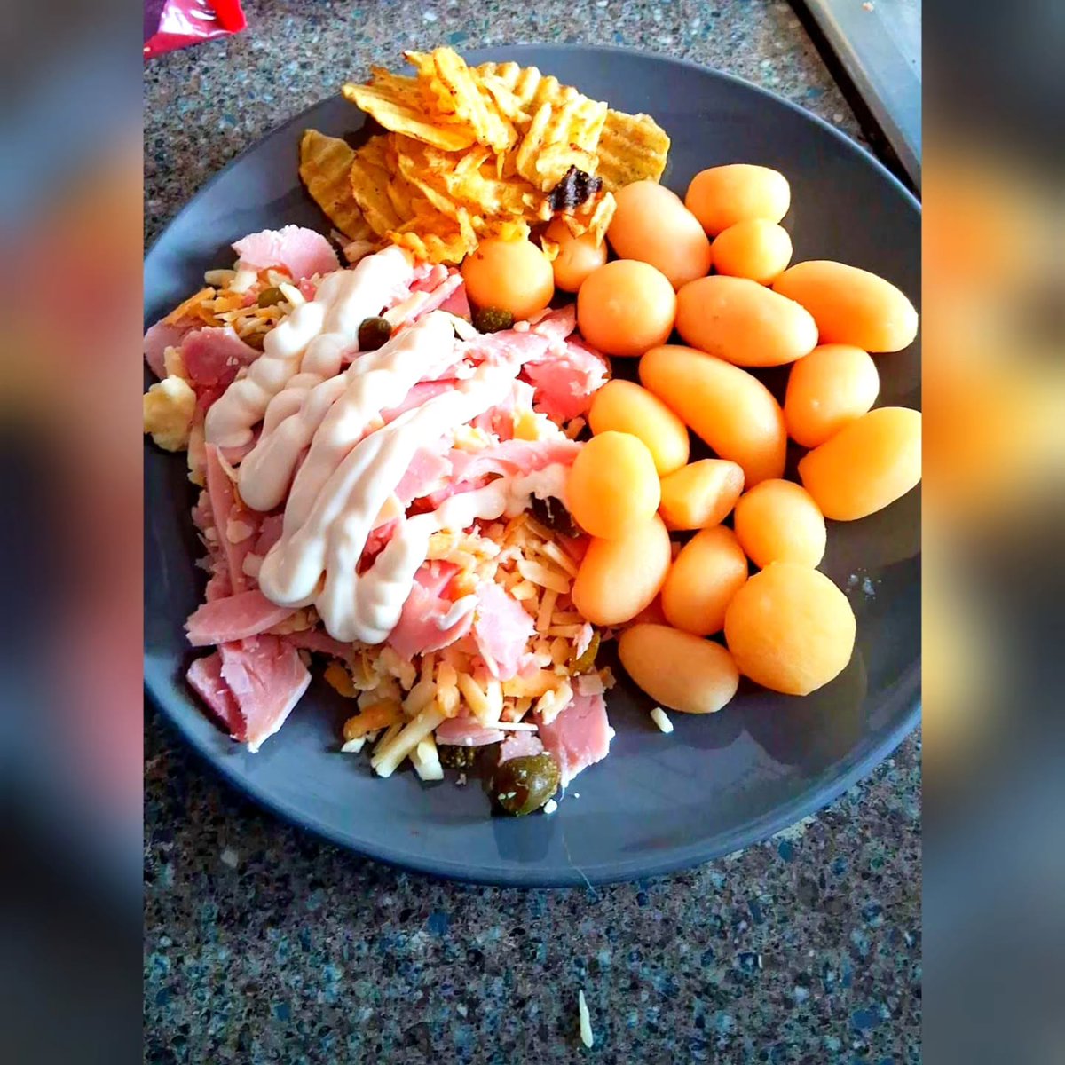 WilliamHelf0c's tweet photo. Deconstructed potato salad with ham, cheese, gherkins, mayo, garlic and herb crisps. My homegrown potatoes fell apart, but this last-minute lunch was still absolutely delicious. Would you try it? https://t.co/c1AEVjyhVD