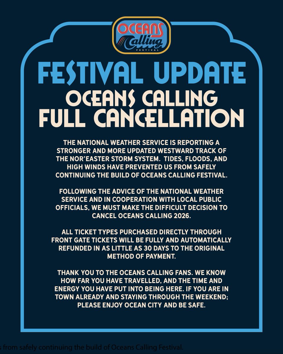 OceansCallingMD's tweet photo. The National Weather Service is reporting a stronger and more updated westward track of the Nor’easter storm system.  Tides, floods, and high winds have prevented us from safely continuing the build of Oceans Calling Festival. 

Full statement: https://t.co/GWheQCtzeK