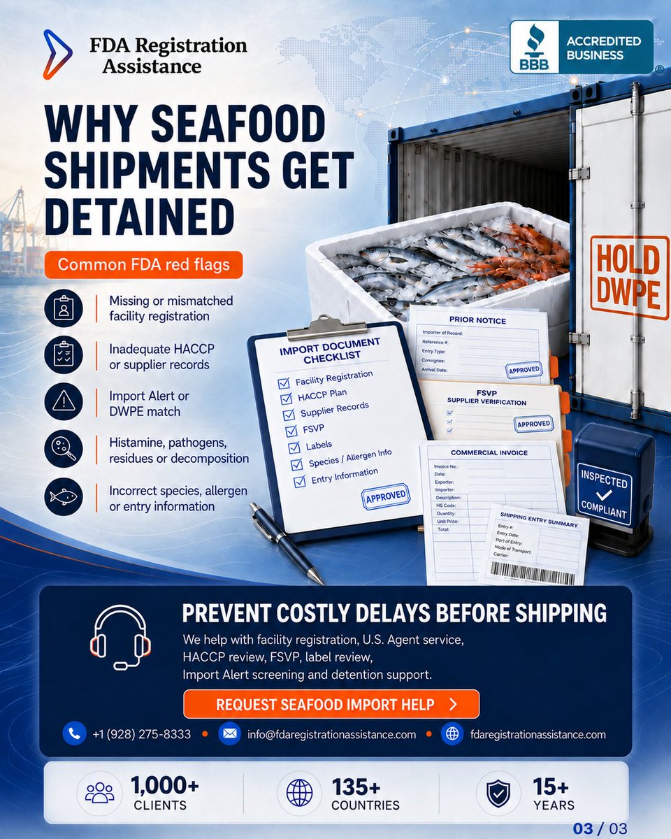 fda_assistance's tweet photo. 🐟 𝗦𝗵𝗶𝗽𝗽𝗶𝗻𝗴 𝘀𝗲𝗮𝗳𝗼𝗼𝗱 𝘁𝗼 𝘁𝗵𝗲 𝗨.𝗦.? Review FDA registration, Seafood HACCP, Prior Notice, labeling, FSVP where applicable &amp; Import Alert status before shipping.

📞 +1 928-275-8333
🌐 https://t.co/uMEApqcRNh
#FDACompliance #SeafoodImport https://t.co/3MIERedLbp