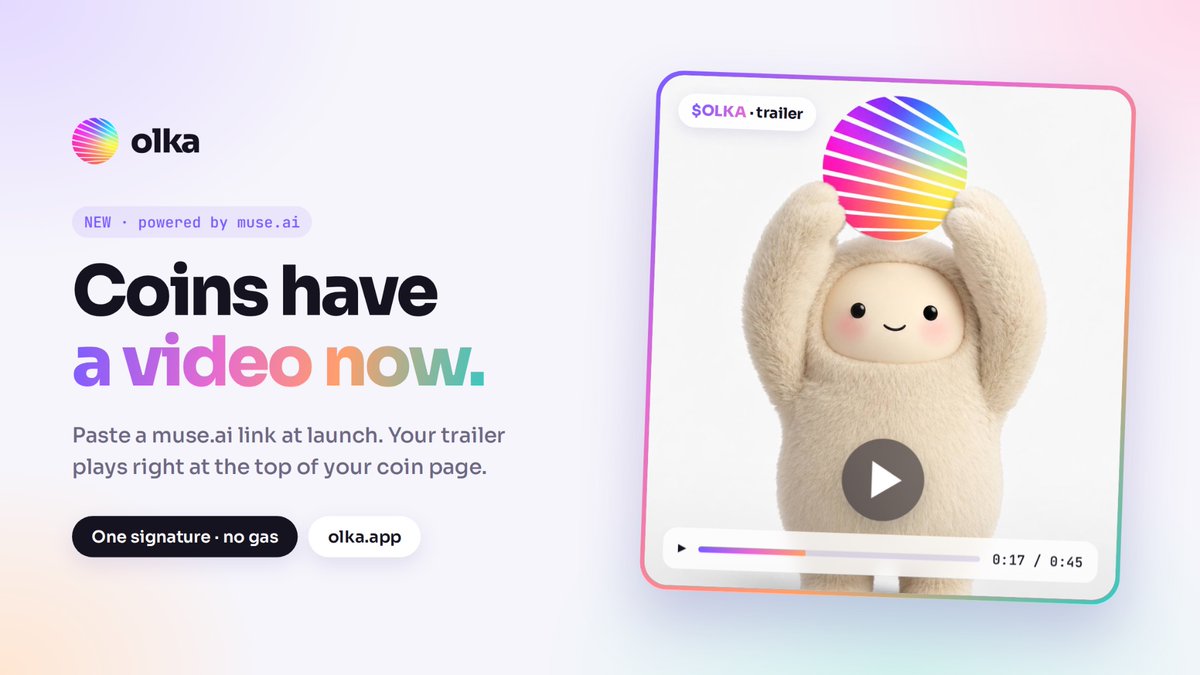 olkadotapp's tweet photo. New on Olka: coin videos 🎬

Paste a https://t.co/bj8BK2a5dd link when you launch and your trailer plays right at the top of your coin page.

Only the creator's wallet can set it. One signature, no gas.

https://t.co/V414Qq9ssV https://t.co/XlMVPpl3L3