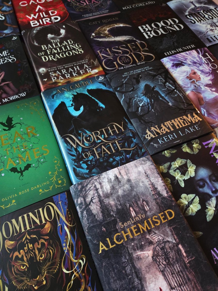 BlakeEfurd's tweet photo. Flat-lay Friday! Here’s my current fantasy TBR—and it’s a long one. Which books deserve to move to the top of the list? https://t.co/L4N2ReXsL3