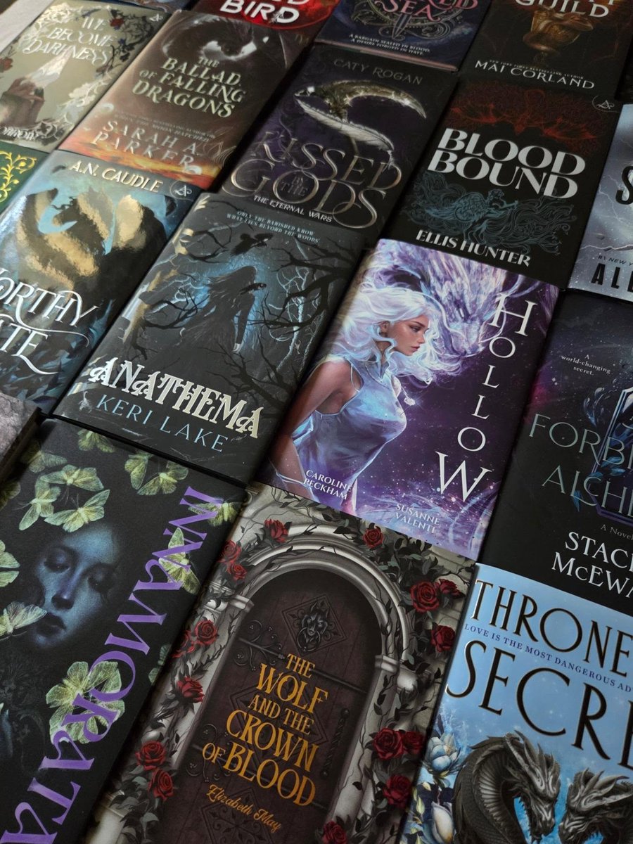 BlakeEfurd's tweet photo. Flat-lay Friday! Here’s my current fantasy TBR—and it’s a long one. Which books deserve to move to the top of the list? https://t.co/L4N2ReXsL3