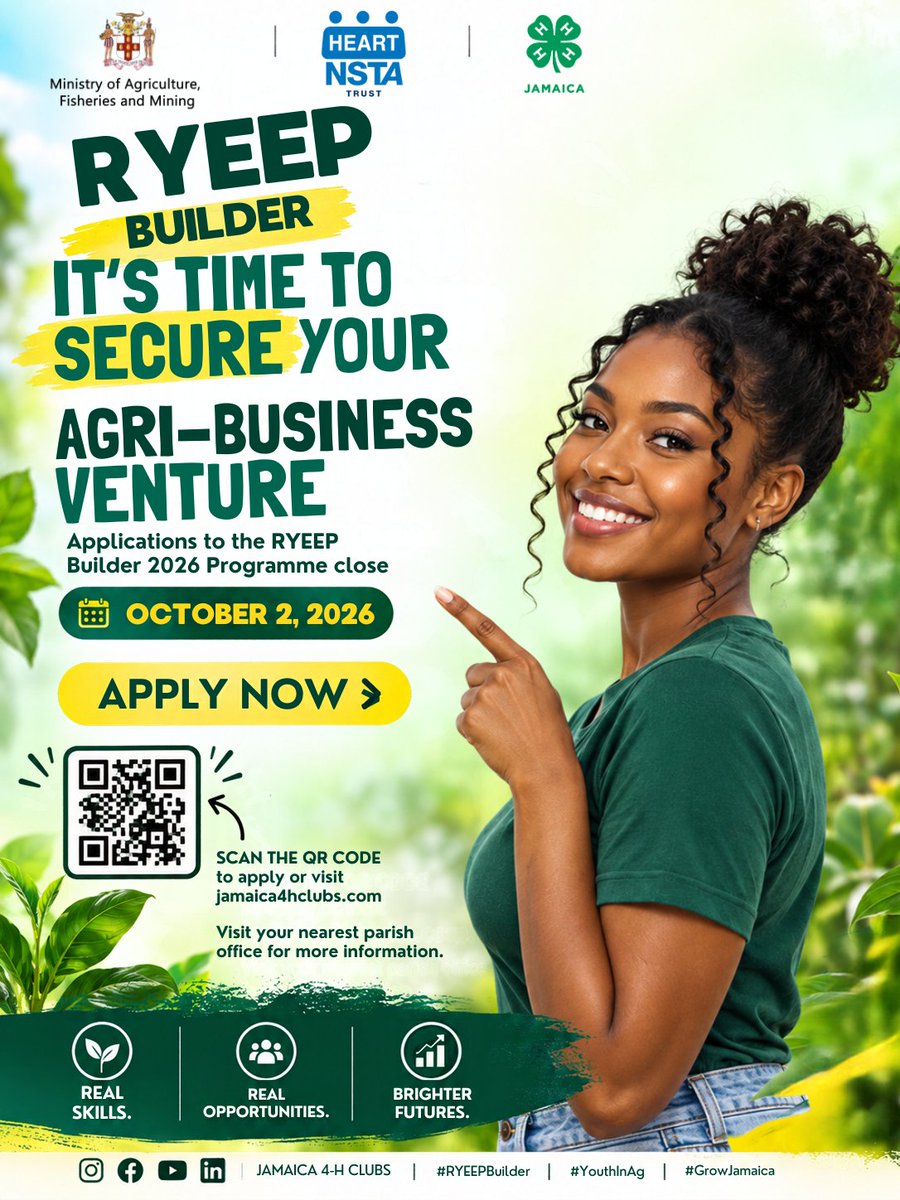 JAMAICA4HCLUBS's tweet photo. Applications close October 2, 2026. Apply today. Scan the QR code or visit https://t.co/HyKf6PQpz5.
Contact your nearest parish office for more information.
#RYEEPBuilder #AgriBusiness #ApplyToday #GrowJamaica https://t.co/FkUIfEK7pf